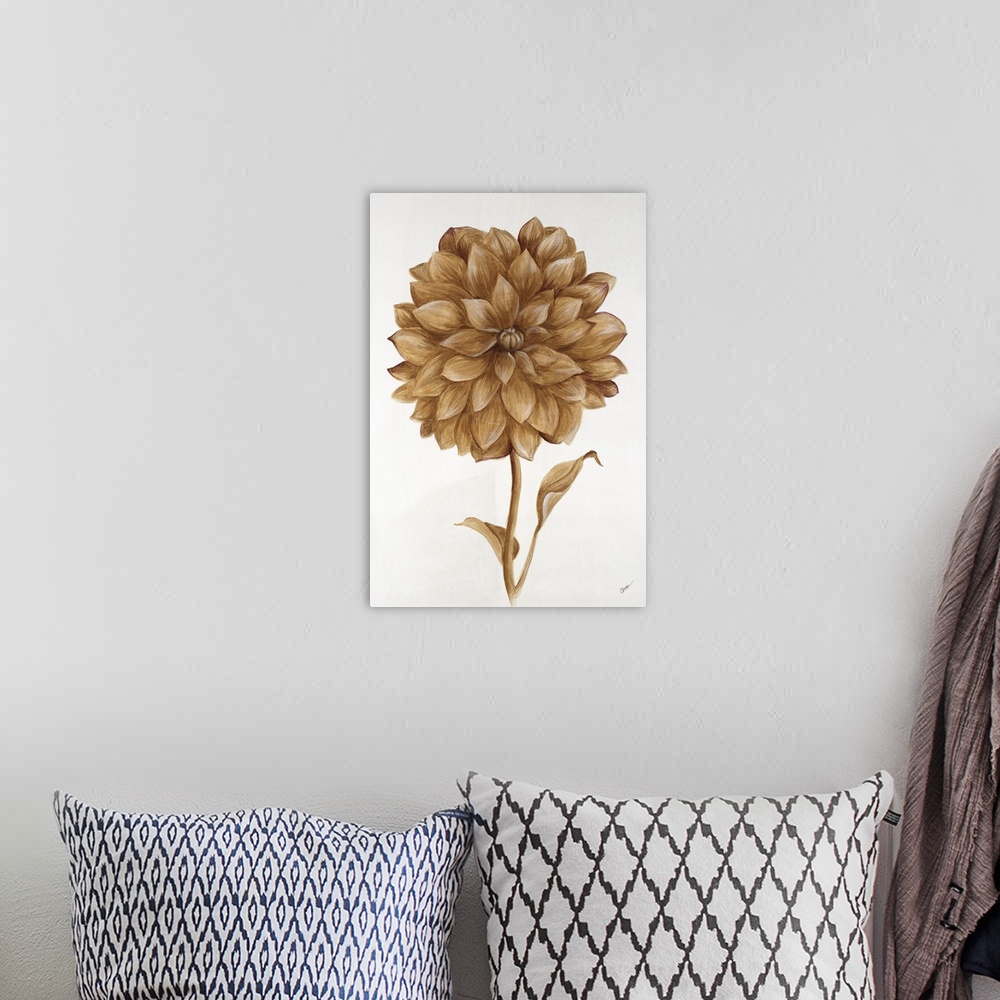 A bohemian room featuring A painting of a single dahlia in metallic gold.