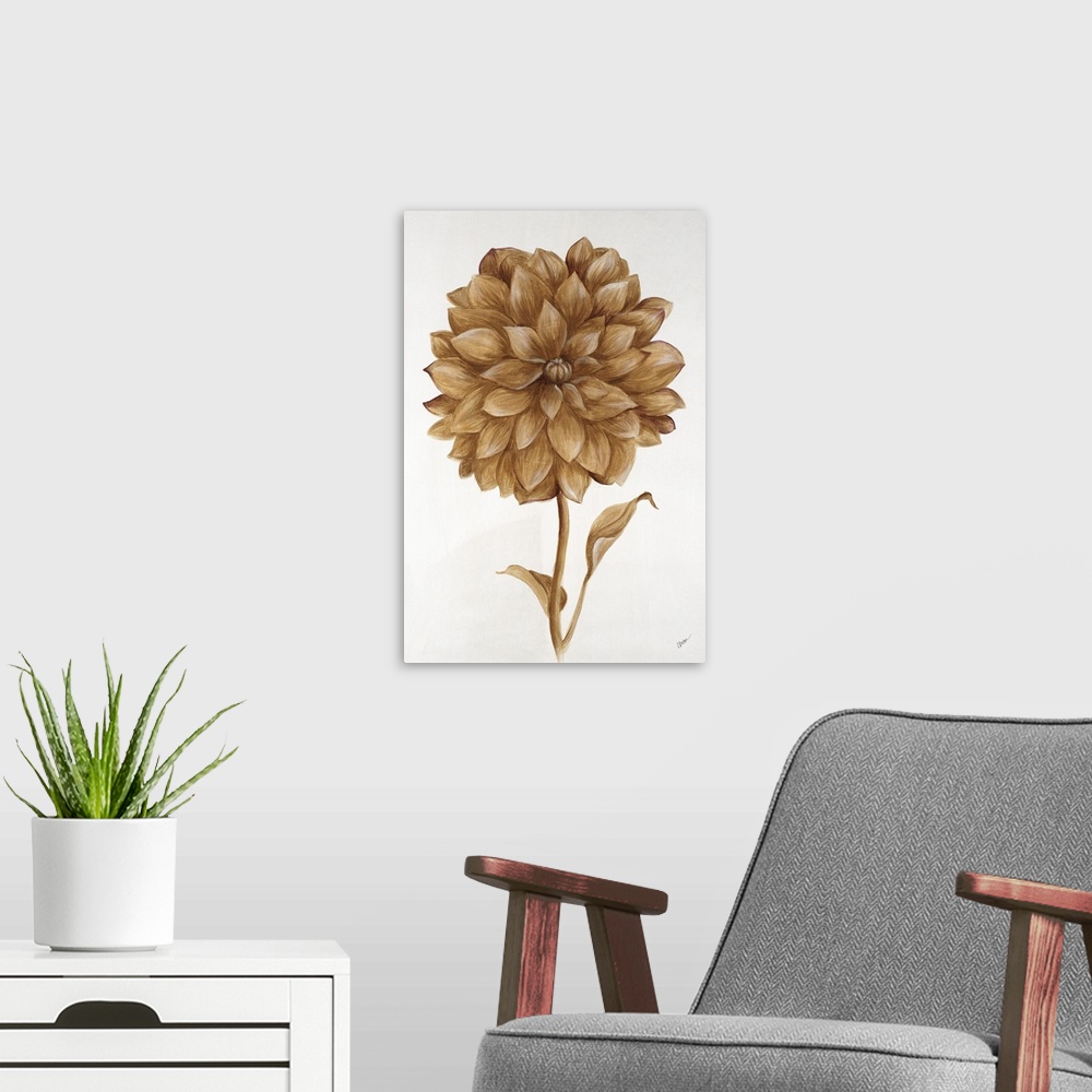 A modern room featuring A painting of a single dahlia in metallic gold.
