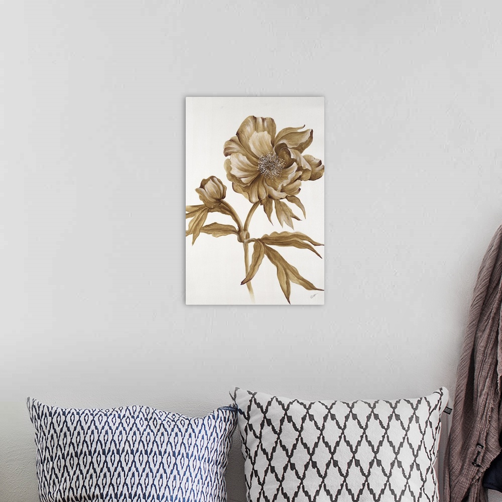 A bohemian room featuring A painting of a poppy blowing in the wind in metallic gold.