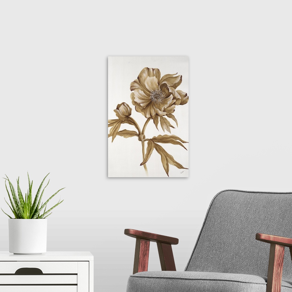 A modern room featuring A painting of a poppy blowing in the wind in metallic gold.