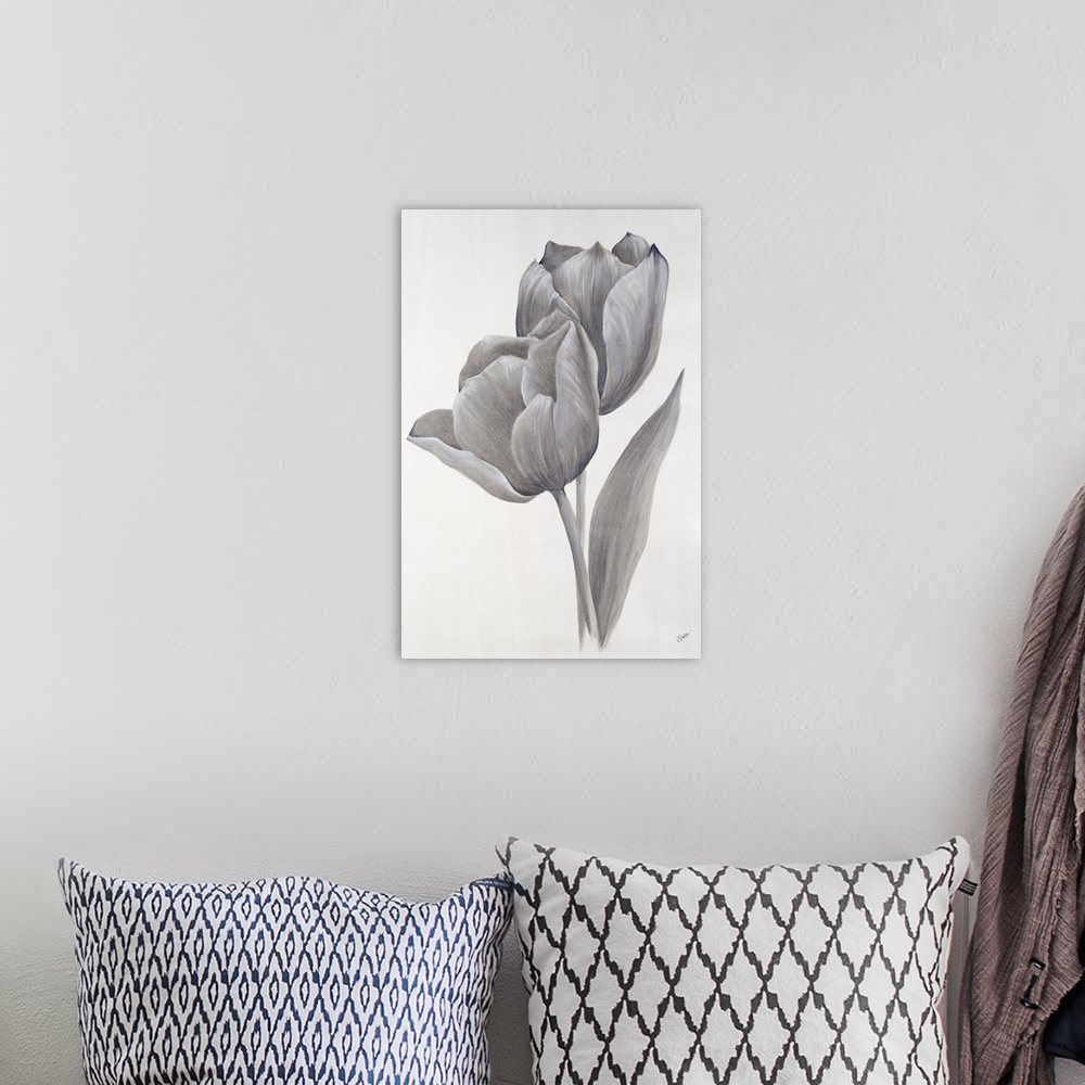 A bohemian room featuring A painting of a pair of tulips in metallic silver.