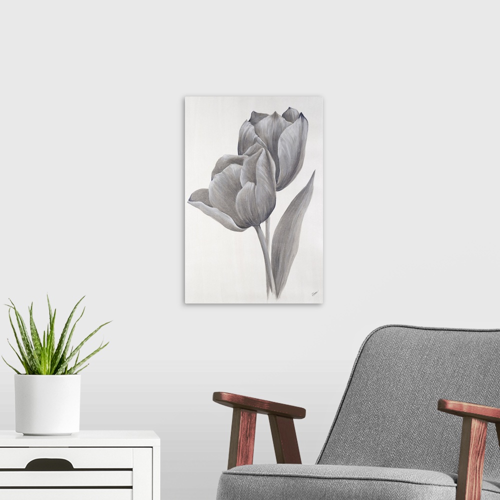A modern room featuring A painting of a pair of tulips in metallic silver.