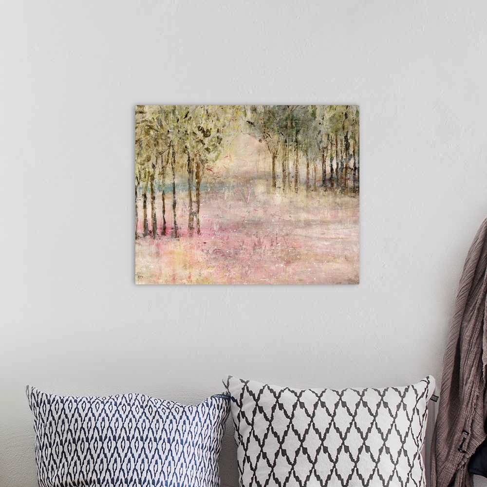 A bohemian room featuring Contemporary painting of trees lining a a clearing in shades of pale pink.