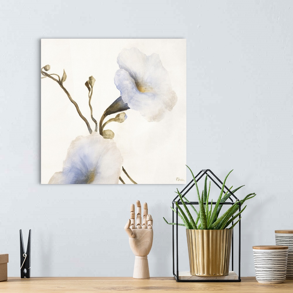 A bohemian room featuring Contemporary painting of a white flower on a stem with buds.