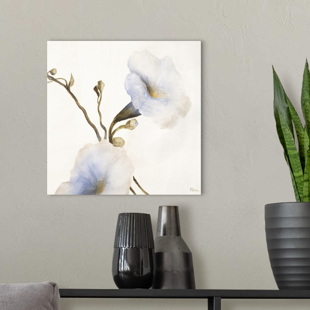 A modern room featuring Contemporary painting of a white flower on a stem with buds.