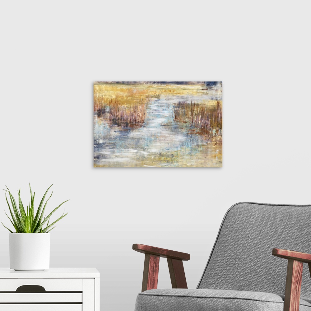 A modern room featuring Contemporary painting of an abstract river delta landscape with a mix of warm and cool tones.