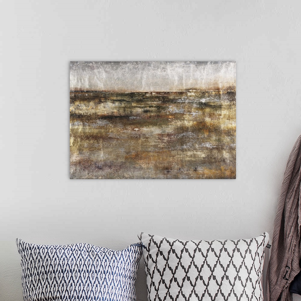 A bohemian room featuring A contemporary abstract painting using earthy tones and gritty looking textures.