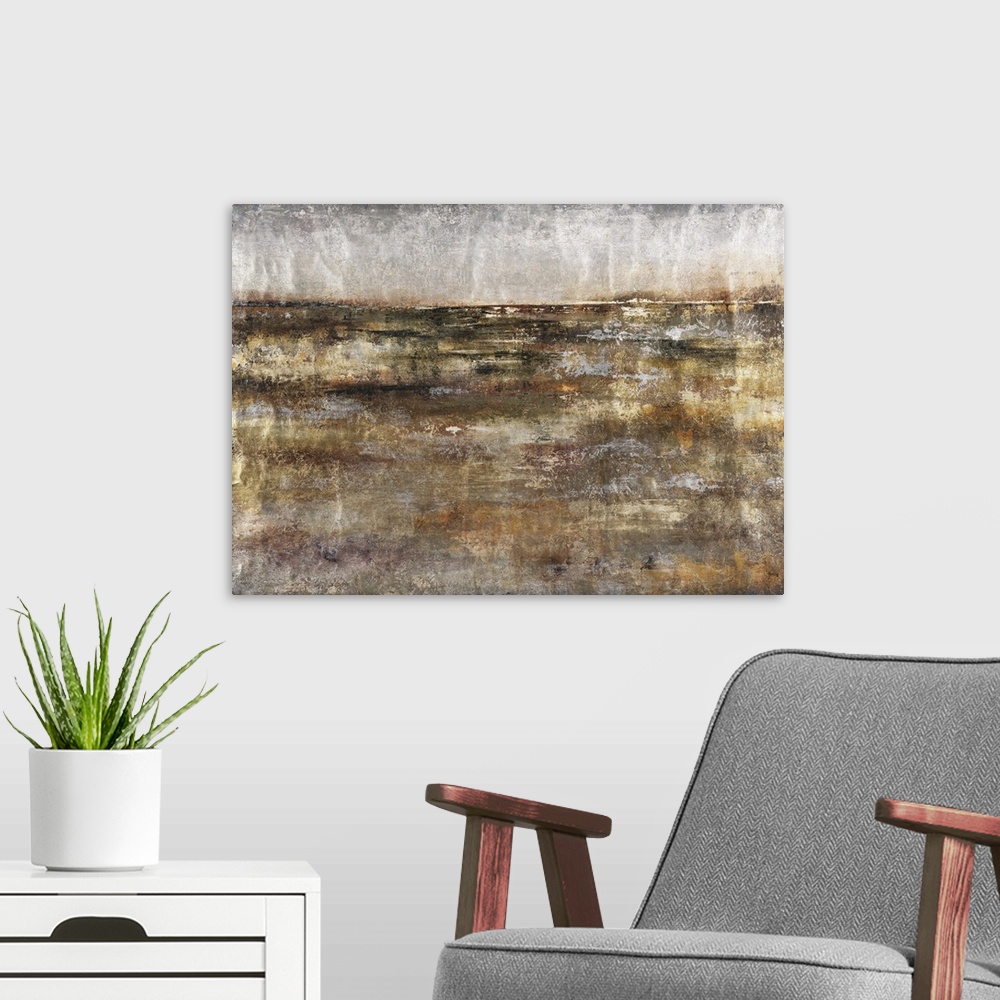A modern room featuring A contemporary abstract painting using earthy tones and gritty looking textures.
