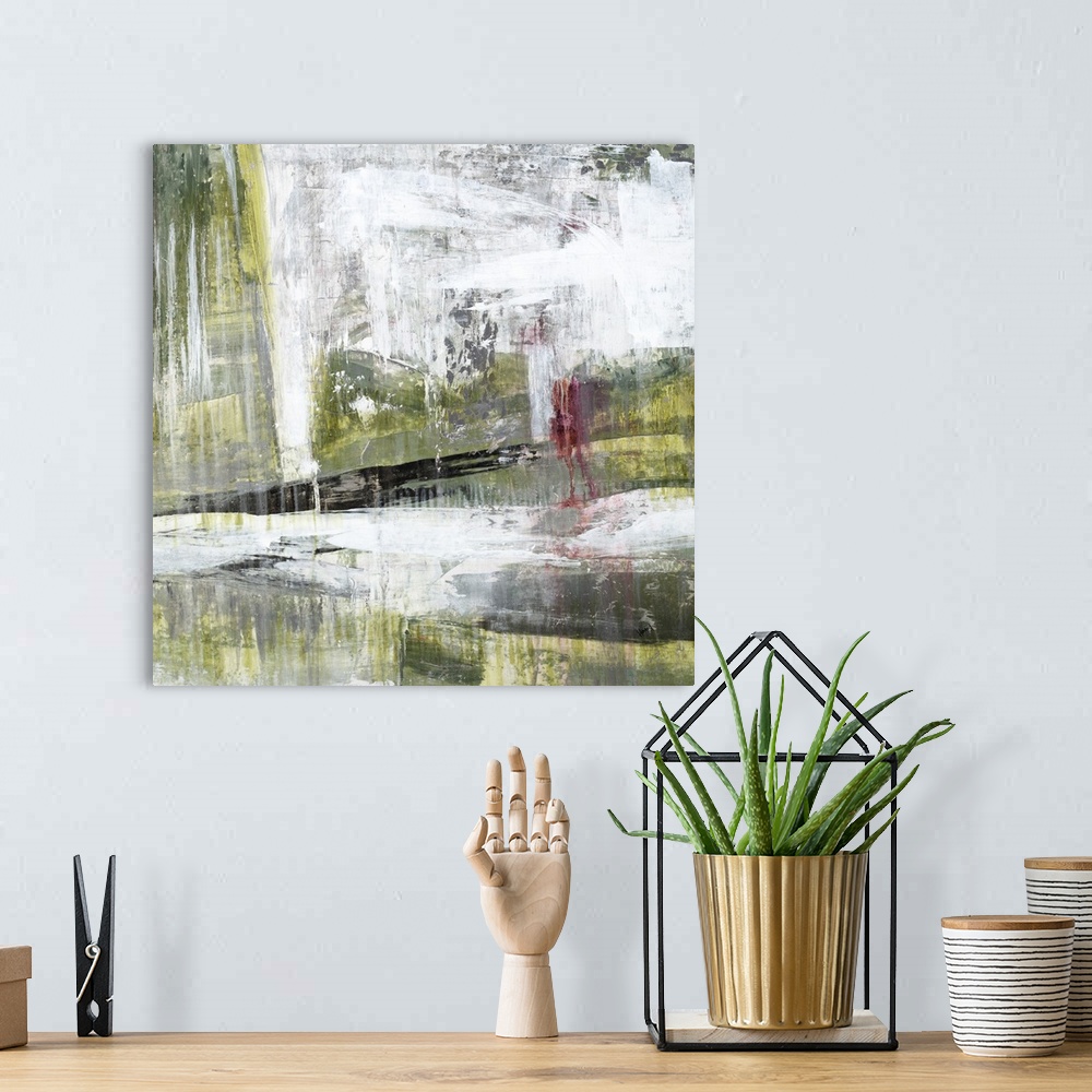 A bohemian room featuring Contemporary abstract painting using weathered and faded dark green and splattered and smeared wh...
