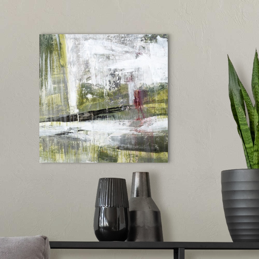 A modern room featuring Contemporary abstract painting using weathered and faded dark green and splattered and smeared wh...