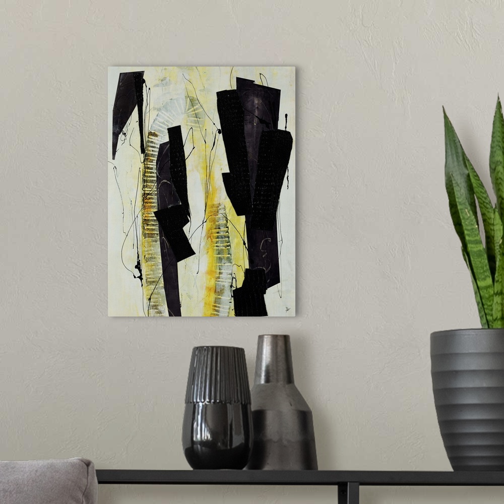 A modern room featuring Abstract painting of several dark rectangular blocks surrounded by swirling, thinly dripped paint...