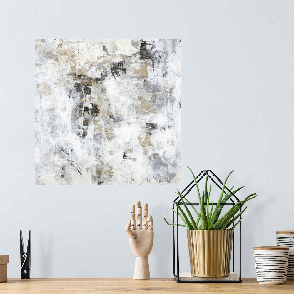 A bohemian room featuring Abstract painting of a textured design in shades of white and light gray with accents of brown th...