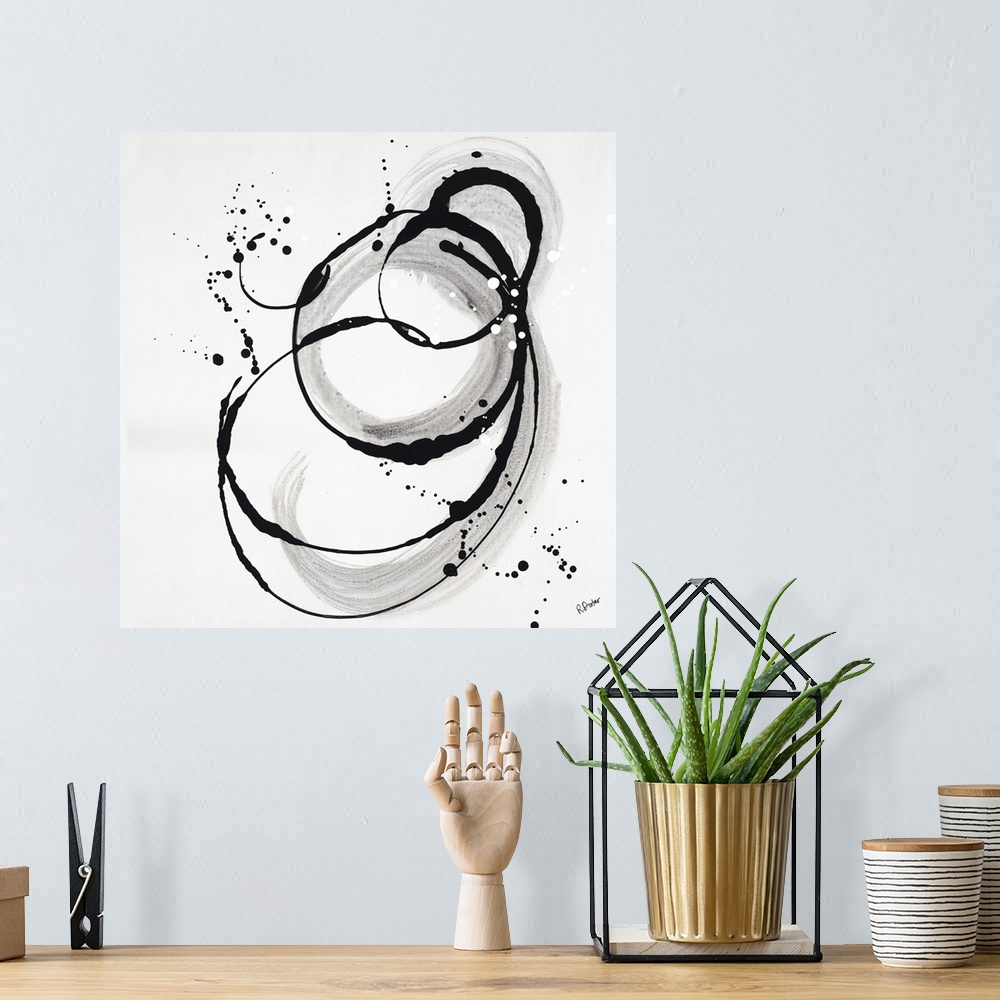 A bohemian room featuring Abstract painting using dark black drip patterns in a circular motion, with light gray undertones...