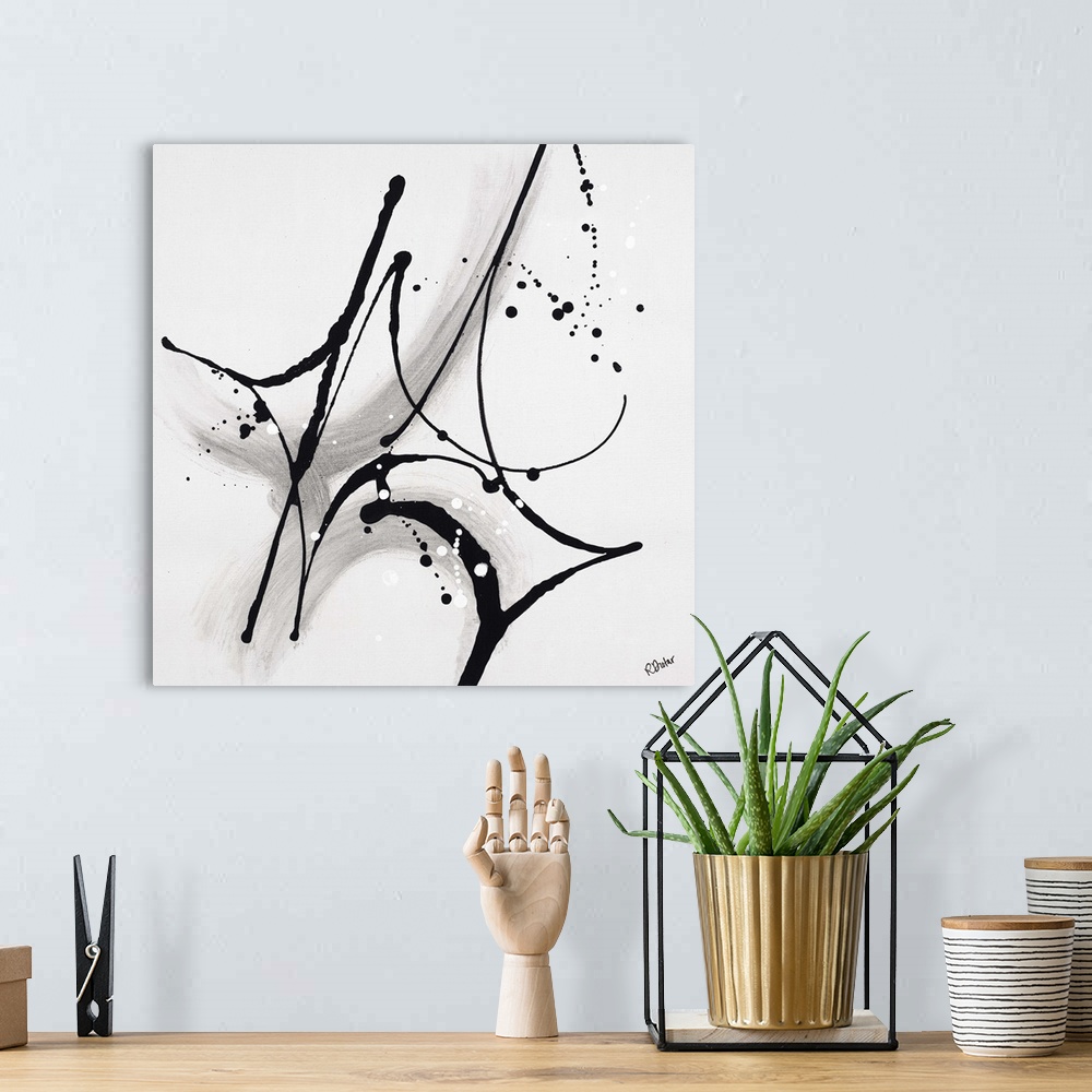 A bohemian room featuring Abstract painting using dark black drip patterns in straight line striking motions with sharp cur...