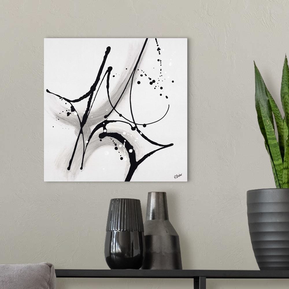 A modern room featuring Abstract painting using dark black drip patterns in straight line striking motions with sharp cur...