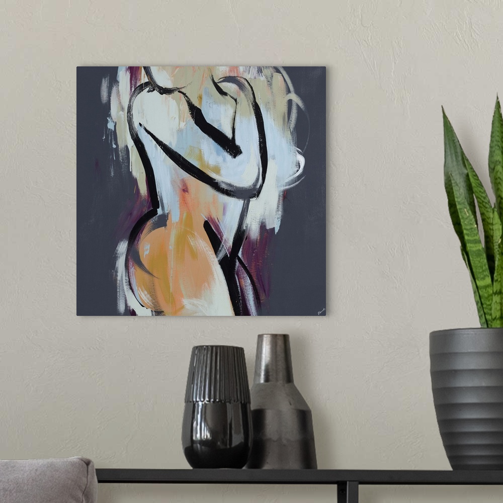 A modern room featuring Figurative art of a side profile of the human form, outlined with thick strokes of paint and fill...
