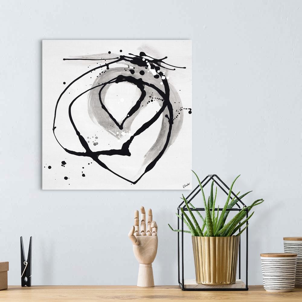 A bohemian room featuring Abstract painting using dark black drip patterns in a circular motion, with light gray undertones...