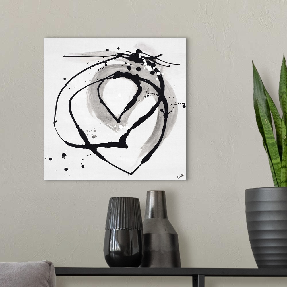 A modern room featuring Abstract painting using dark black drip patterns in a circular motion, with light gray undertones...