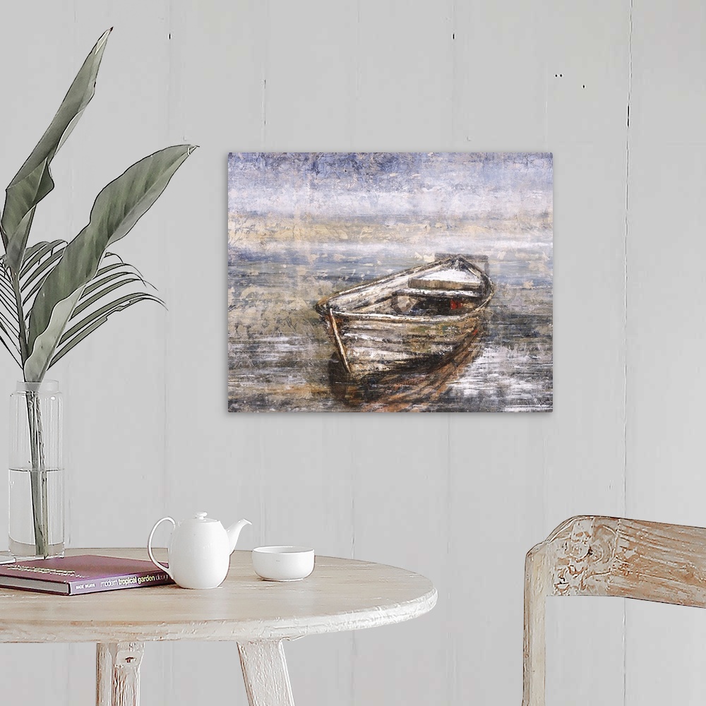 A farmhouse room featuring Contemporary painting of a row boat on dark water.