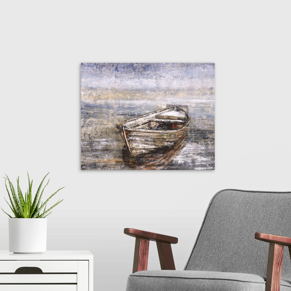 A modern room featuring Contemporary painting of a row boat on dark water.
