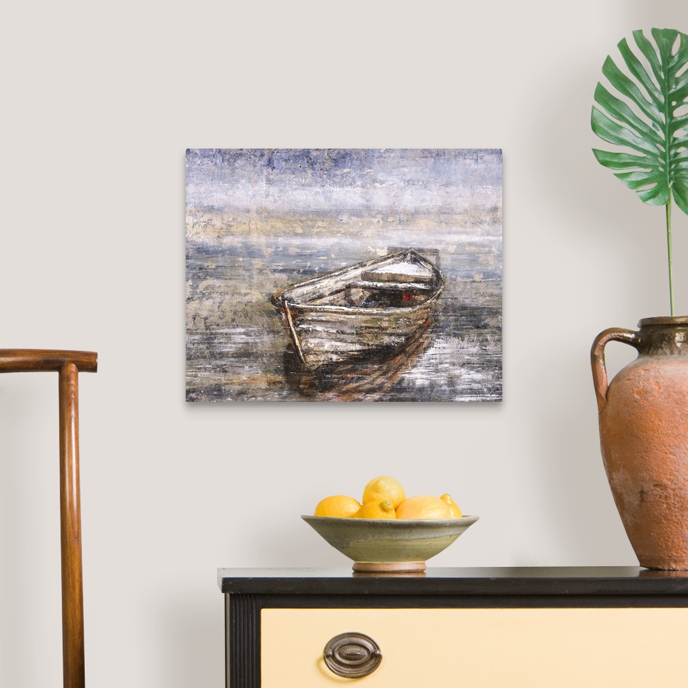 A traditional room featuring Contemporary painting of a row boat on dark water.