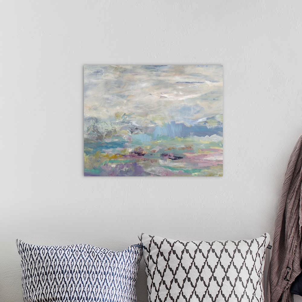 A bohemian room featuring Contemporary abstract painting of what looks like a cloudy sky using pale blue and purple tones.