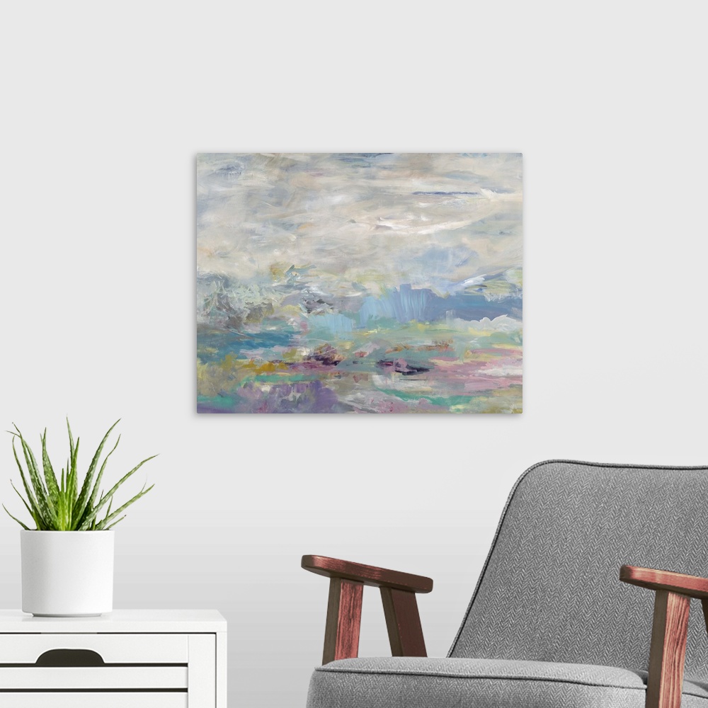 A modern room featuring Contemporary abstract painting of what looks like a cloudy sky using pale blue and purple tones.