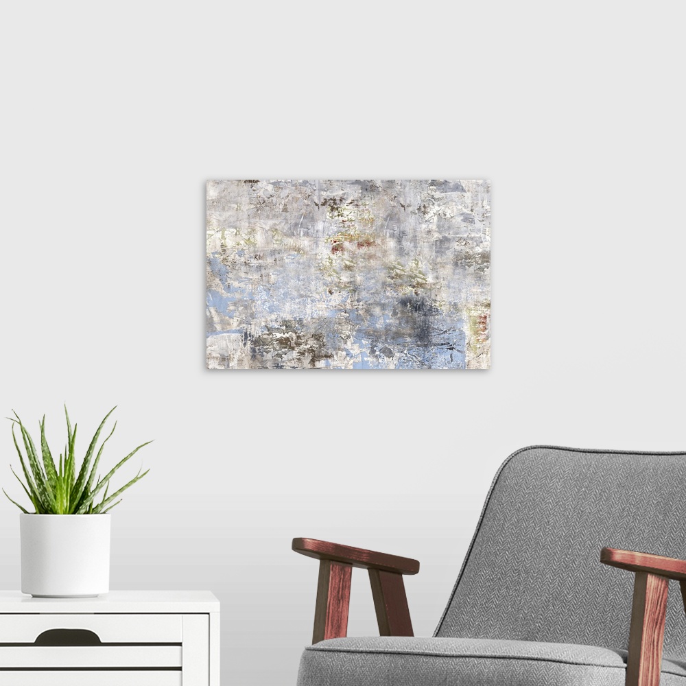 A modern room featuring Abstract painting of a textured design in shades of white and light gray with accents of gold thr...