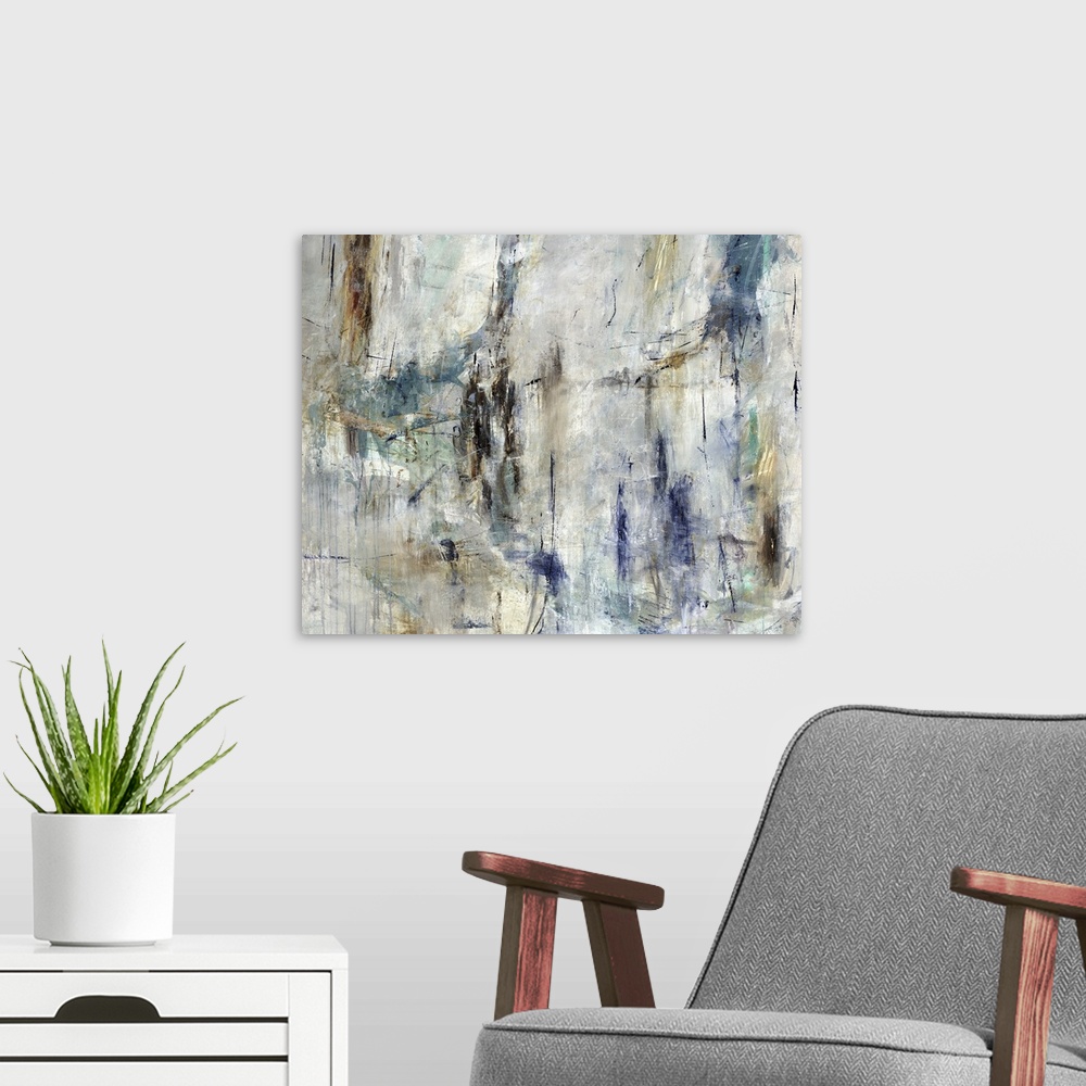 A modern room featuring Abstract painting of a textured design in shades of gray and brown with accents of blue throughout.