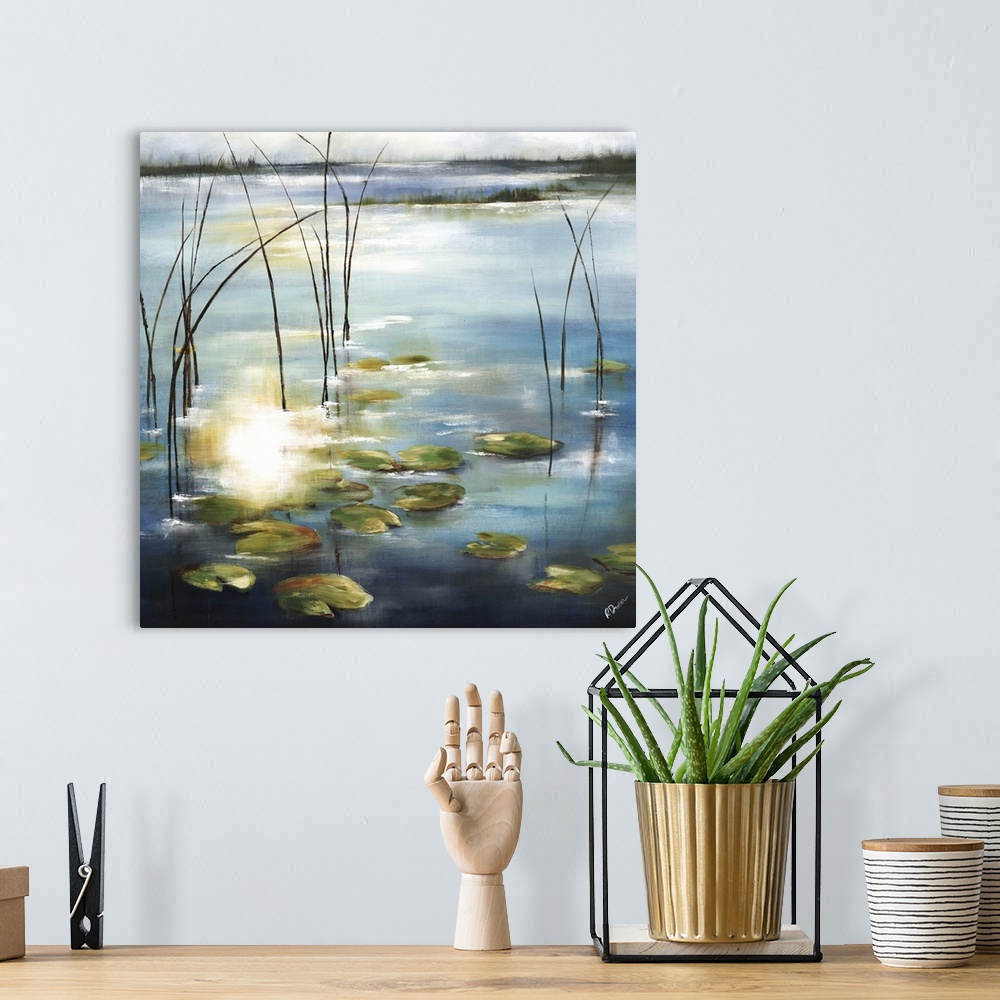 A bohemian room featuring Contemporary painting of lily pads in a pond with the sun reflecting on the water.