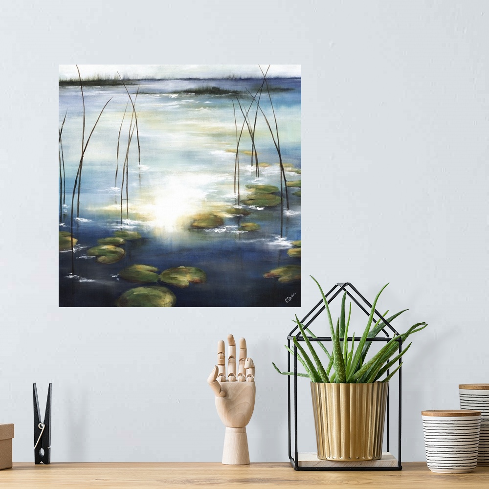 A bohemian room featuring Contemporary painting of lily pads in a pond with the sun reflecting on the water.