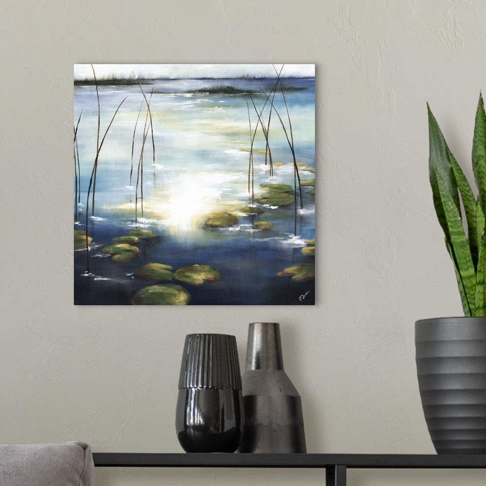 A modern room featuring Contemporary painting of lily pads in a pond with the sun reflecting on the water.