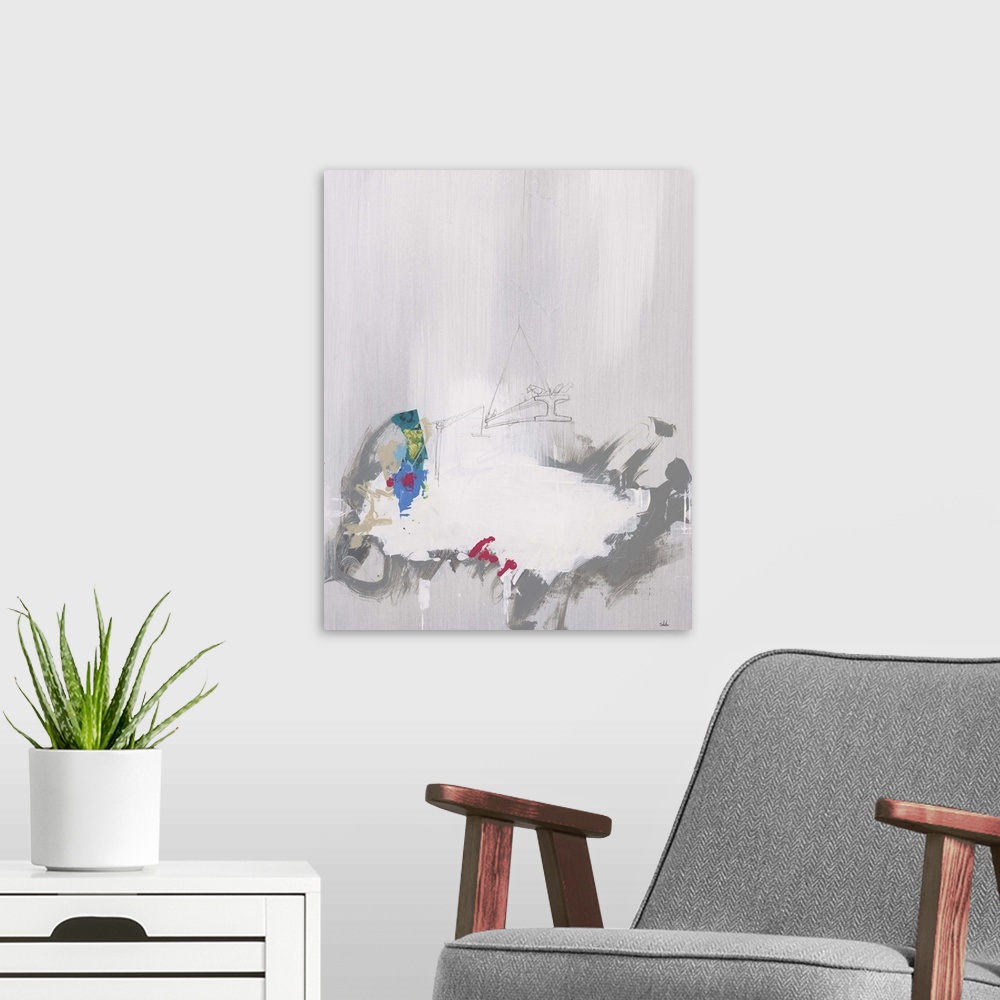 A modern room featuring Contemporary abstract painting with hints of color against a neutral background, with a pencil sk...