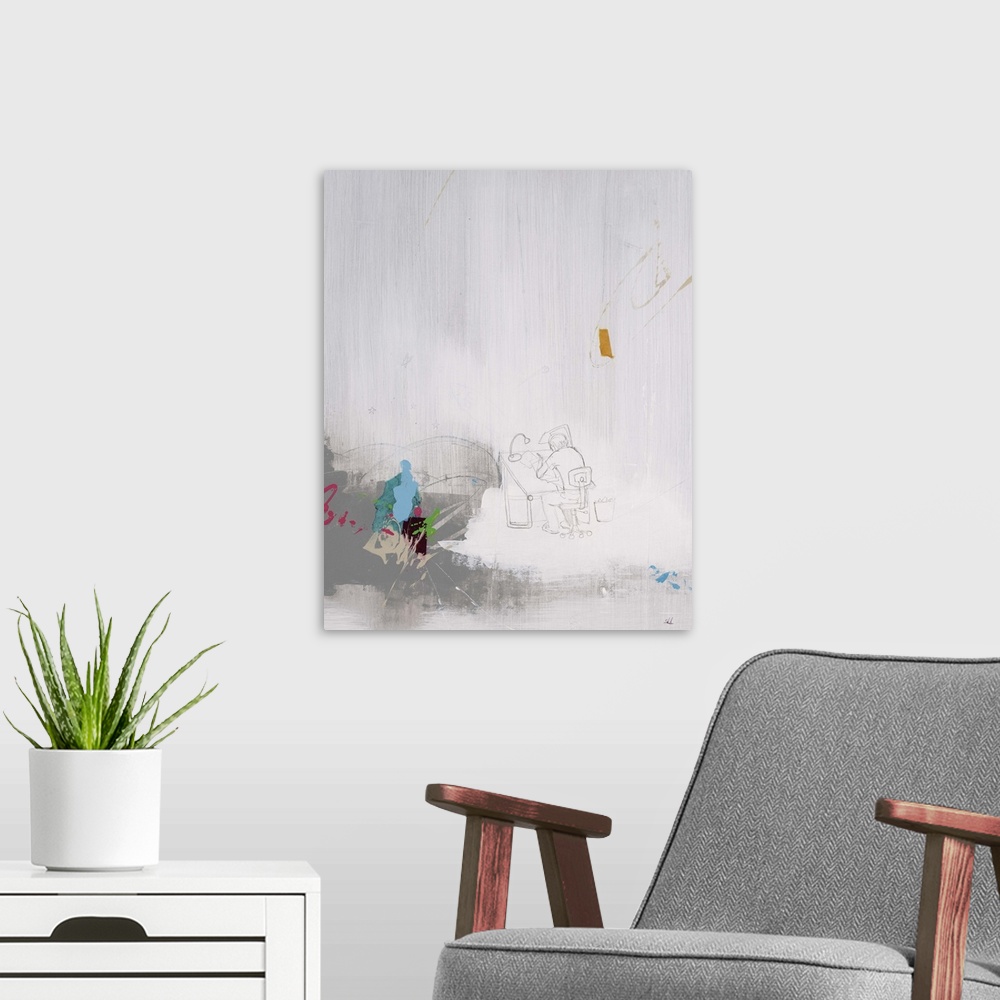A modern room featuring Contemporary abstract painting with hints of color against a neutral background, with a pencil sk...