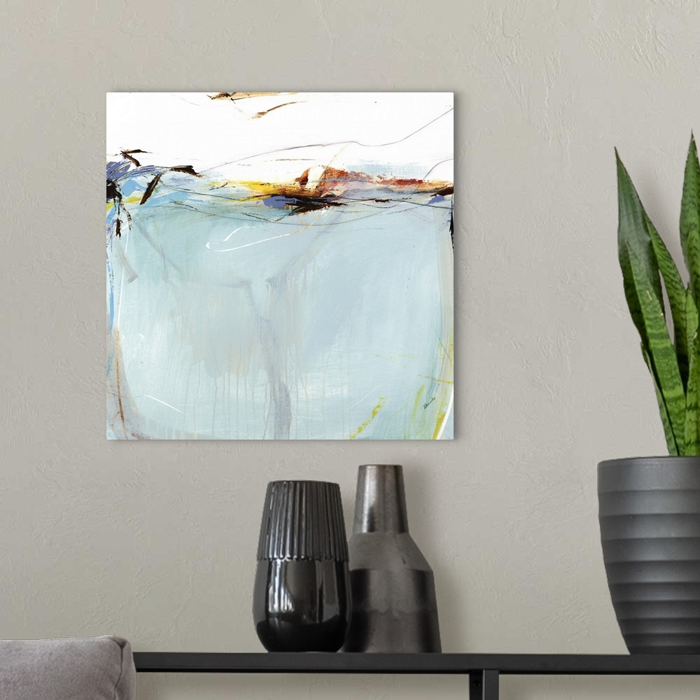 A modern room featuring Square abstract painting in light blue with a small area of white on the top and textured brush s...