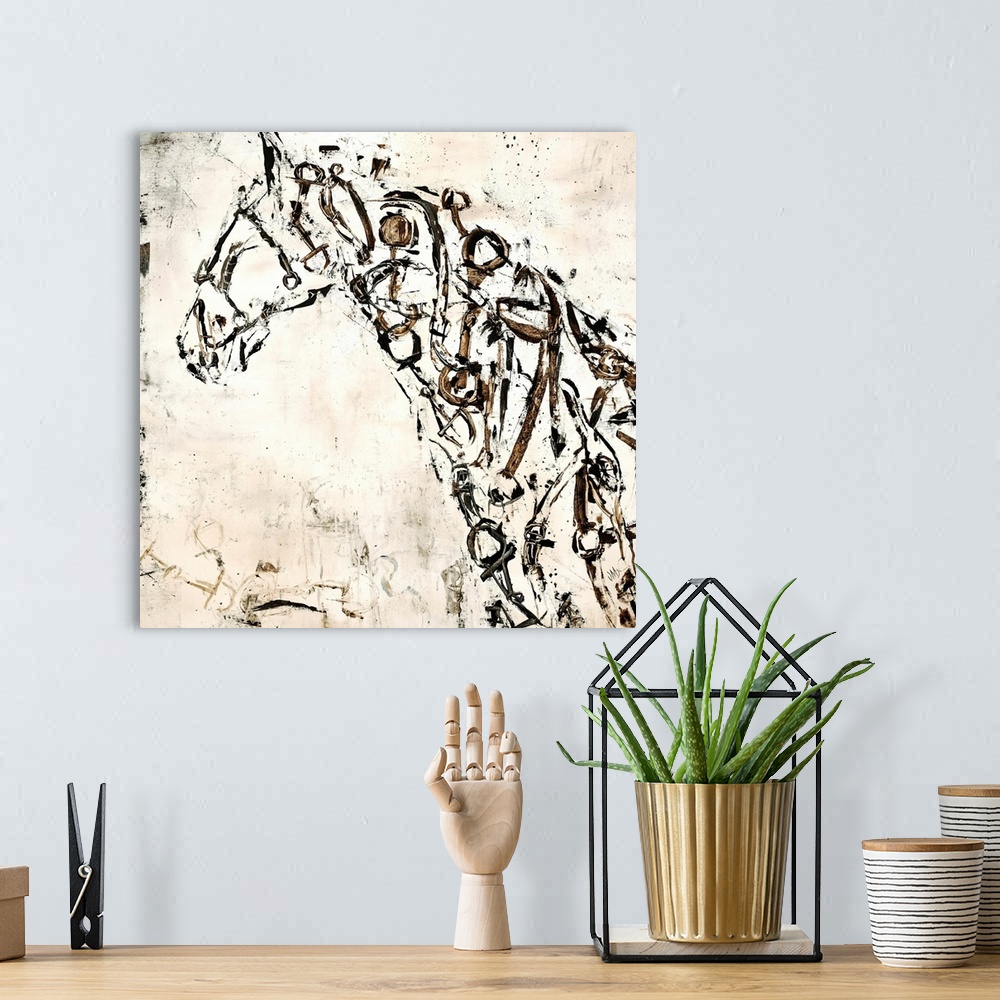 A bohemian room featuring Square artwork of an abstract horse created with circular shapes and lines in black and brown ton...