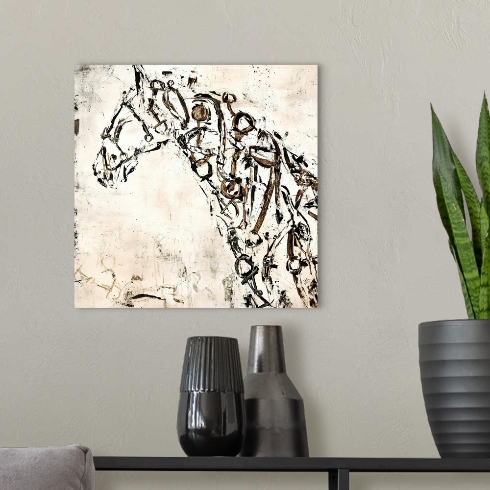 A modern room featuring Square artwork of an abstract horse created with circular shapes and lines in black and brown ton...