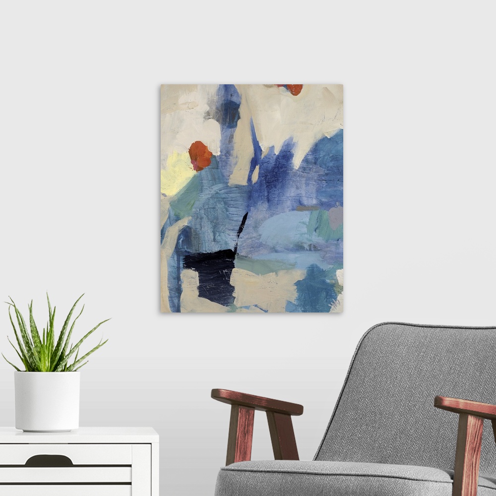 A modern room featuring Vertical, abstract painting of numerous, multicolored shapes clustered together, with jagged edge...
