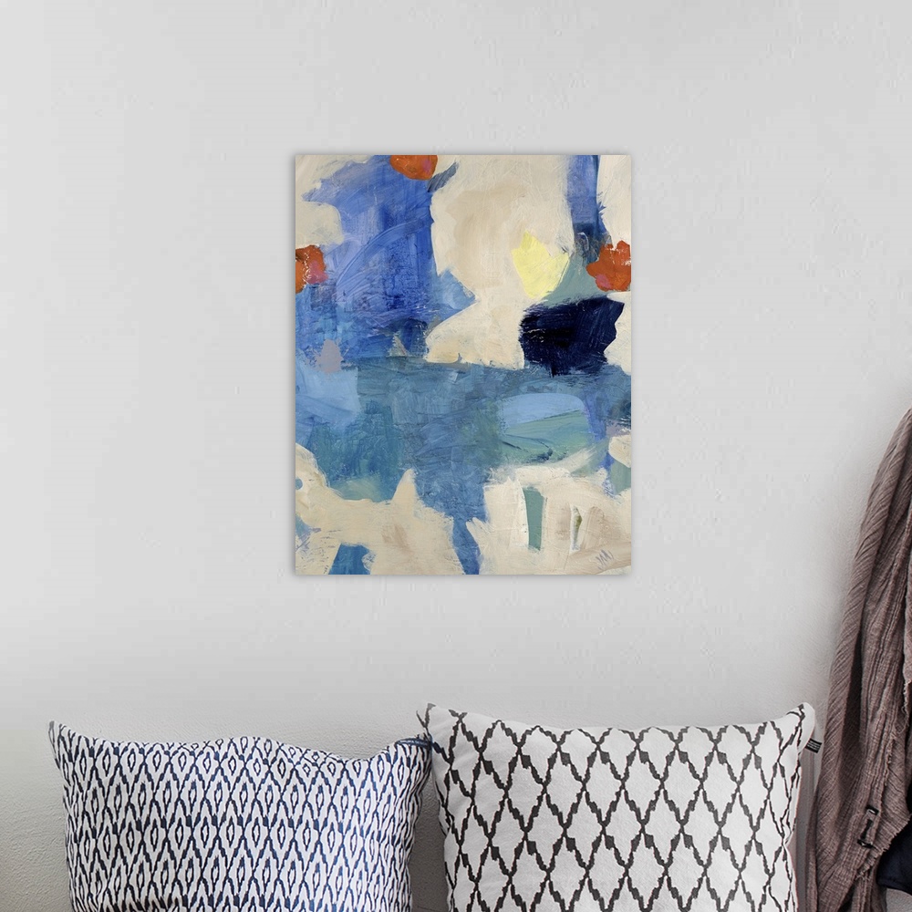 A bohemian room featuring This vertical abstract painting of huge swaths of color against a neutral background is perfect h...