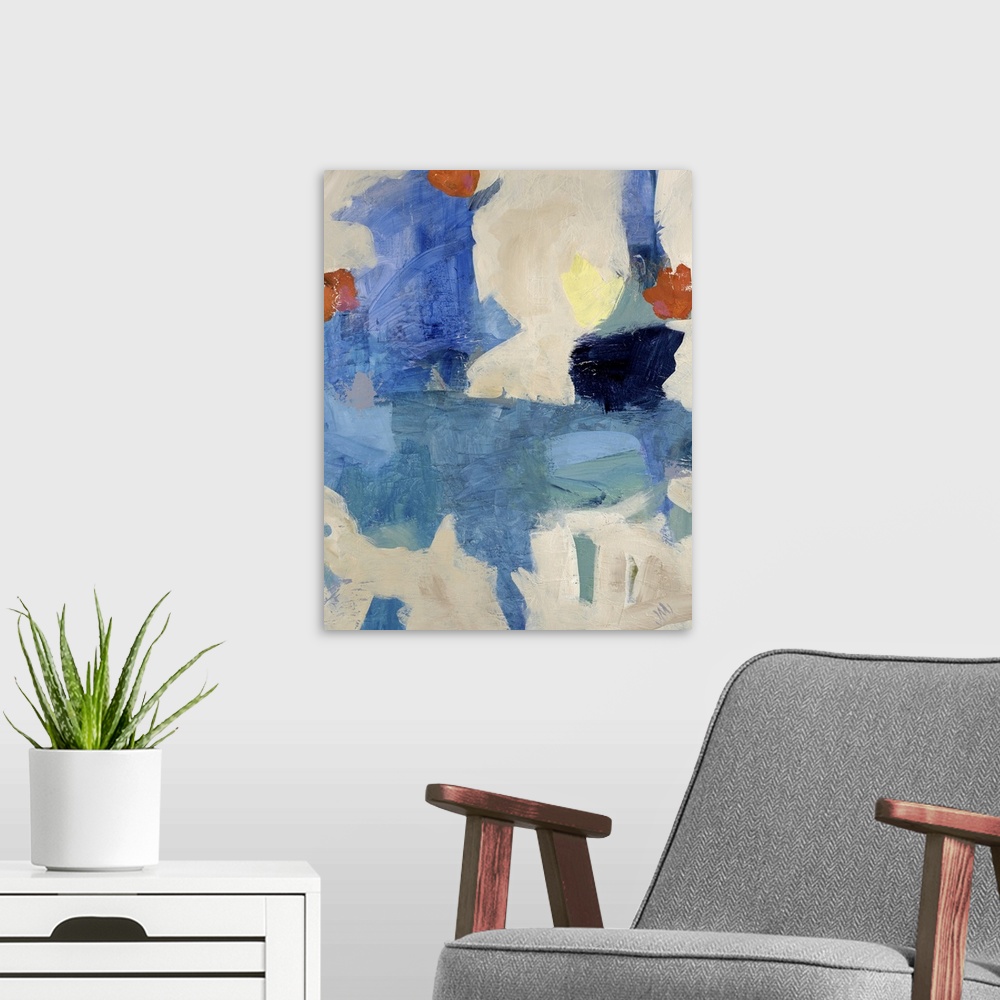 A modern room featuring This vertical abstract painting of huge swaths of color against a neutral background is perfect h...