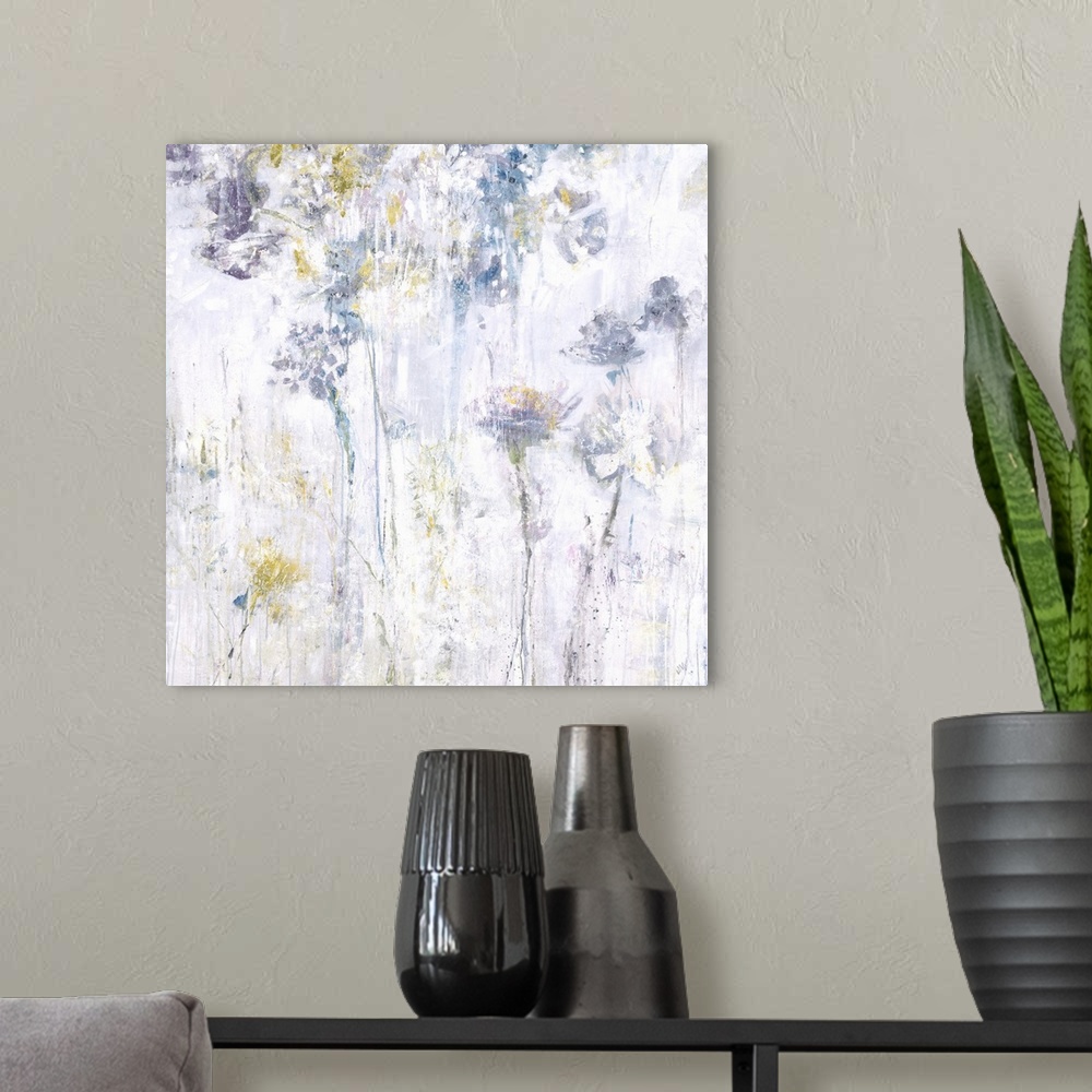 A modern room featuring Square abstract floral painting in shades of gray, yellow and blue.