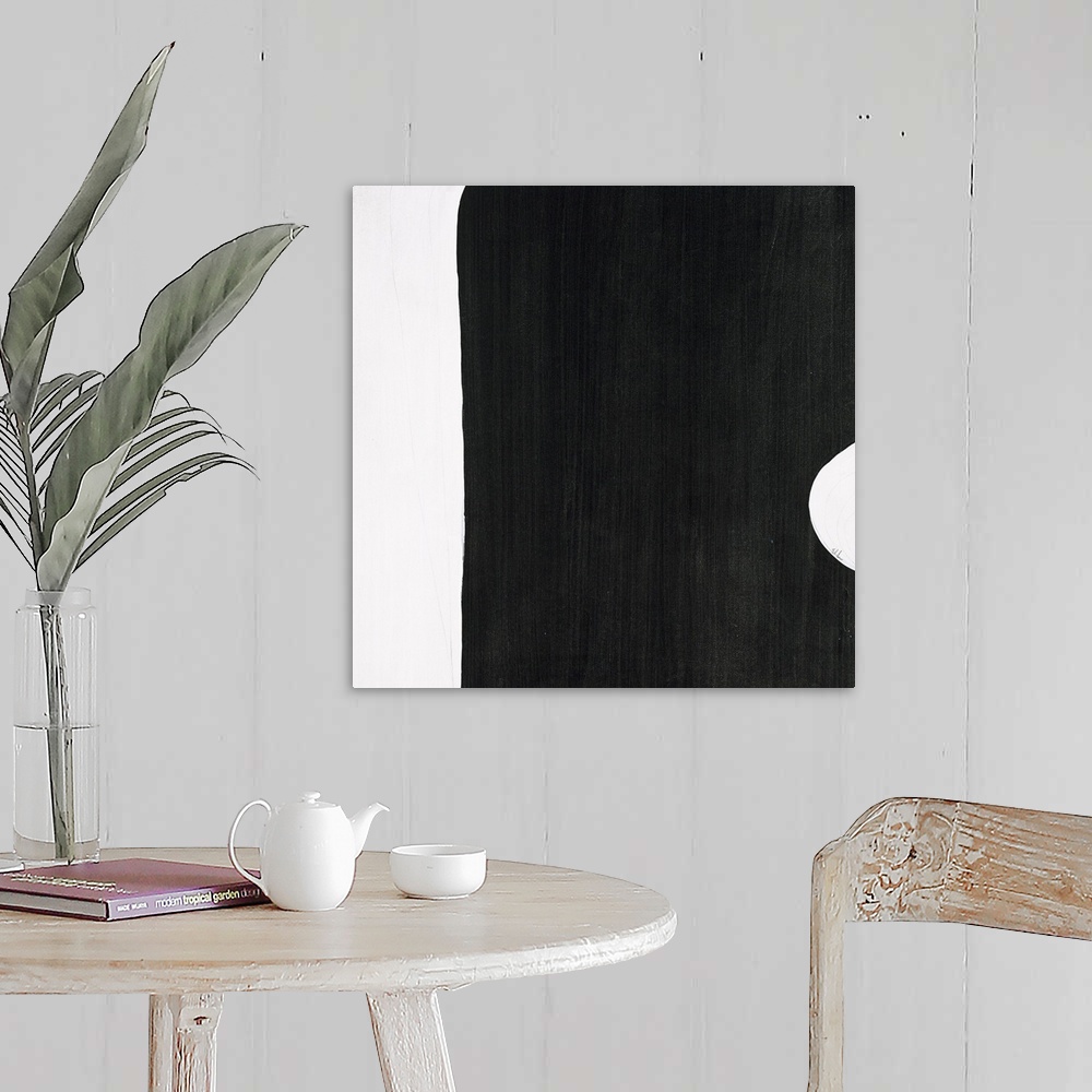 A farmhouse room featuring A black and white contemporary abstract painting with geometric shapes connecting together with l...