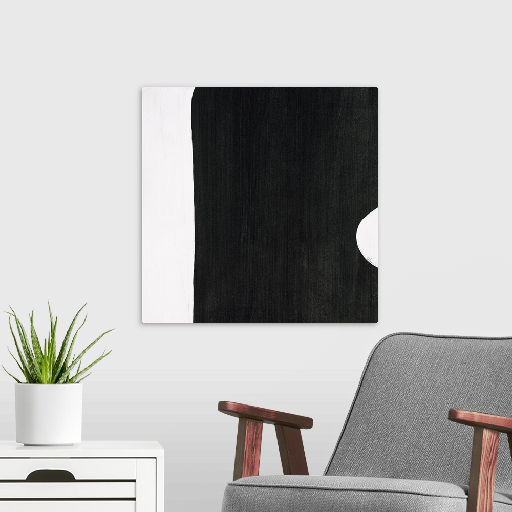 A modern room featuring A black and white contemporary abstract painting with geometric shapes connecting together with l...