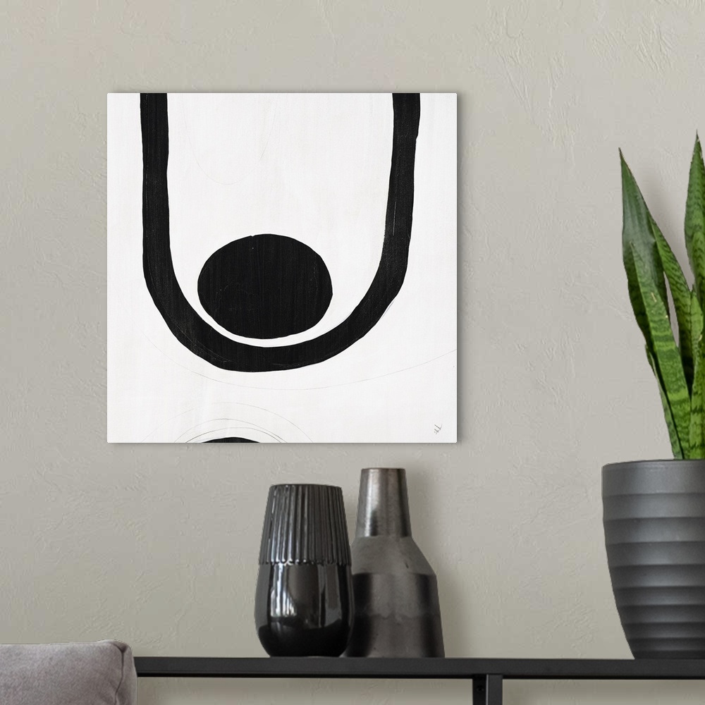 A modern room featuring A black and white contemporary abstract painting with geometric shapes connecting together with l...