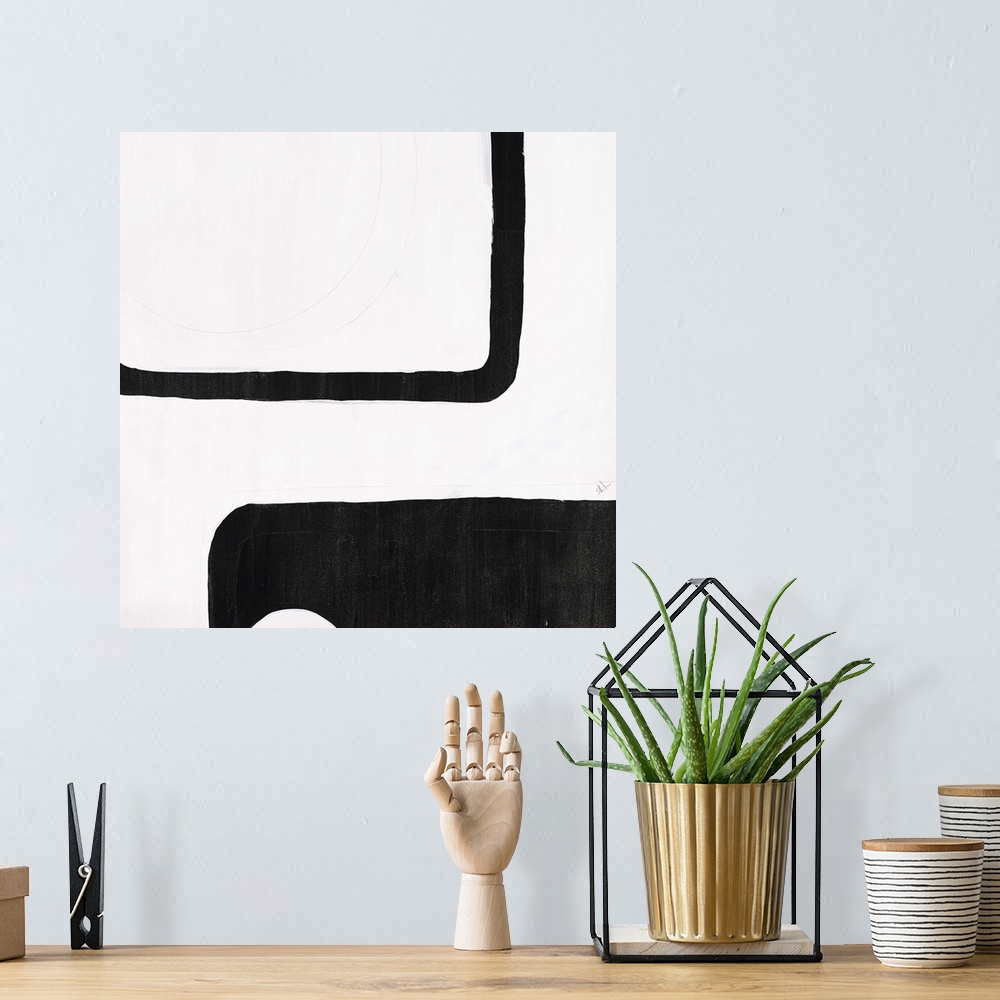 A bohemian room featuring A black and white contemporary abstract painting with geometric shapes connecting together with l...