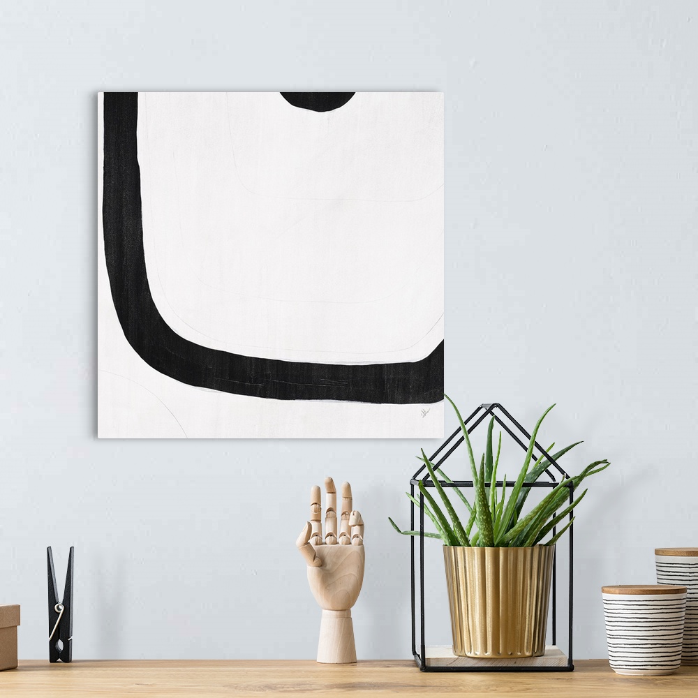 A bohemian room featuring A black and white contemporary abstract painting with geometric shapes connecting together with l...