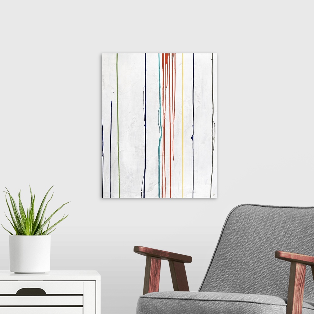 A modern room featuring Large abstract art with dripping lines of color in green, orange, yellow, dark blue, light blue, ...