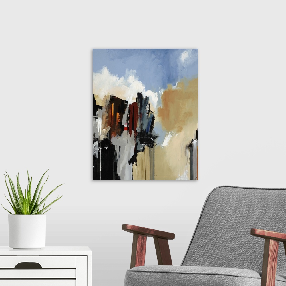 A modern room featuring Abstract painting in thick brushstrokes of a large mass of dark colors in front of a scenic lands...