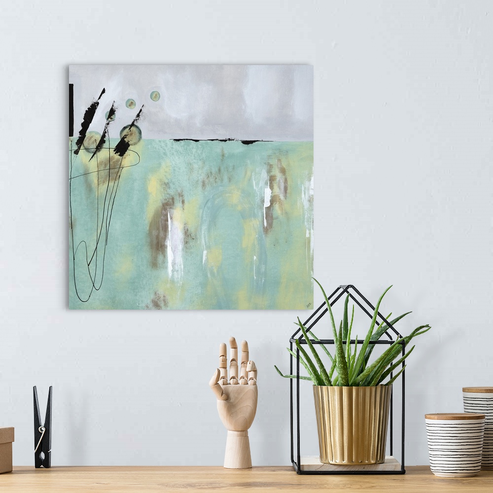 A bohemian room featuring Contemporary abstract painting of a field of green covered in light splotches, several dark objec...