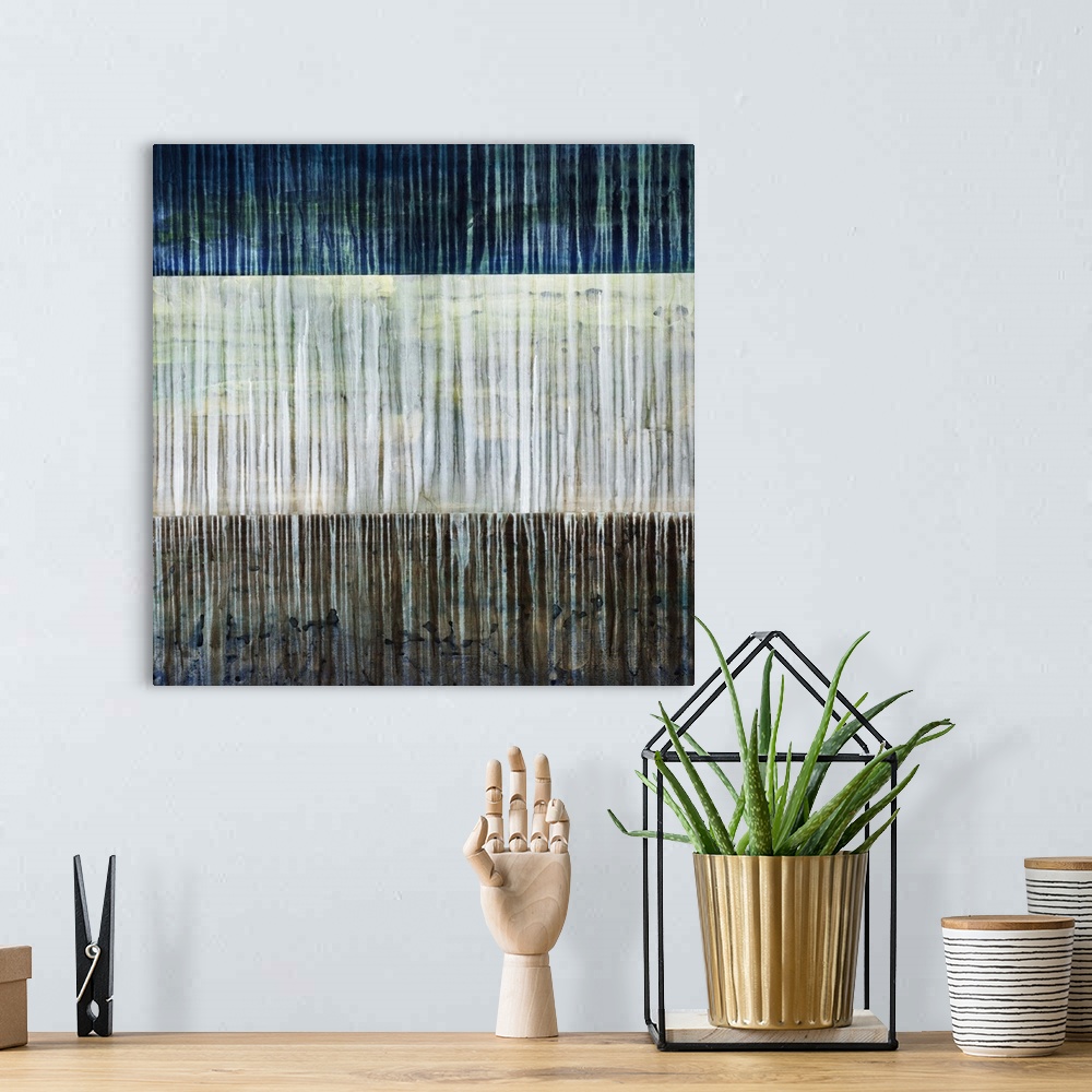 A bohemian room featuring Contemporary abstract painting of three contrasting colors in horizontal stripes with thin vertic...